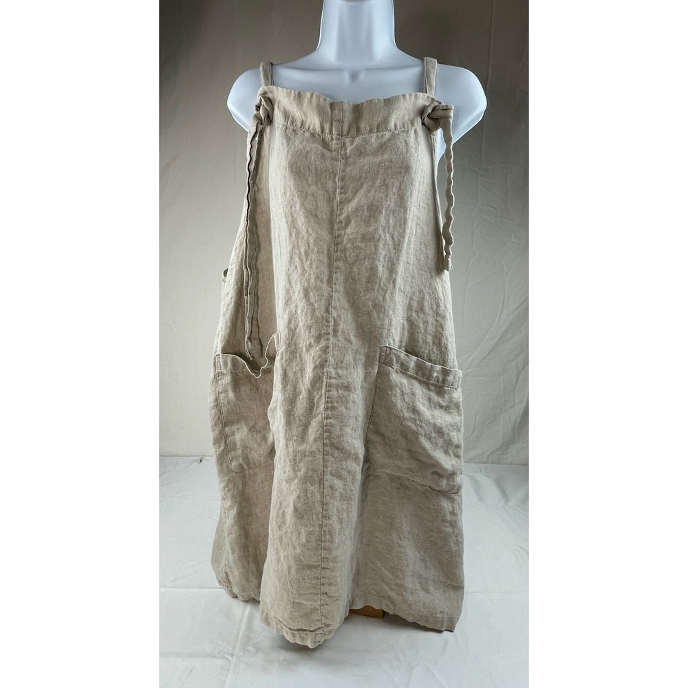VIKOLINO Linen Pinafore Apron Dress Beige Oatmeal Tie Shoulder Pocketed Midi S/M